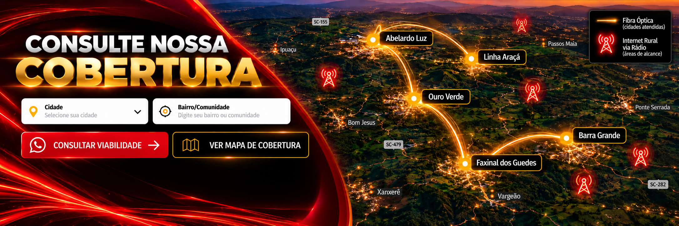 Consulte nossa cobertura Flash+ Telecom — fibra óptica na cidade e internet rural via rádio.